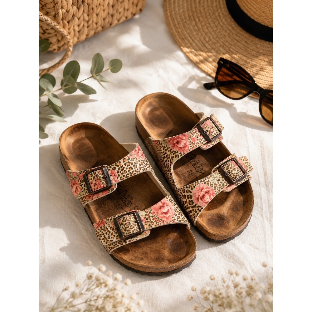 Birkis Birkenstock Floral Leopard Print Slide Sandals Brown Pink Tan 38 L7 M5